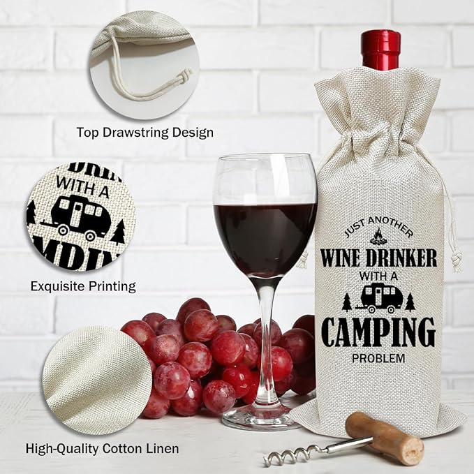Camper Wine Bag, Camping Gift for Camper Funny Wine Gifts for Women Men Coworkers Friends, Party Favor Wine Champagne Gift Bag With Drawstring -13