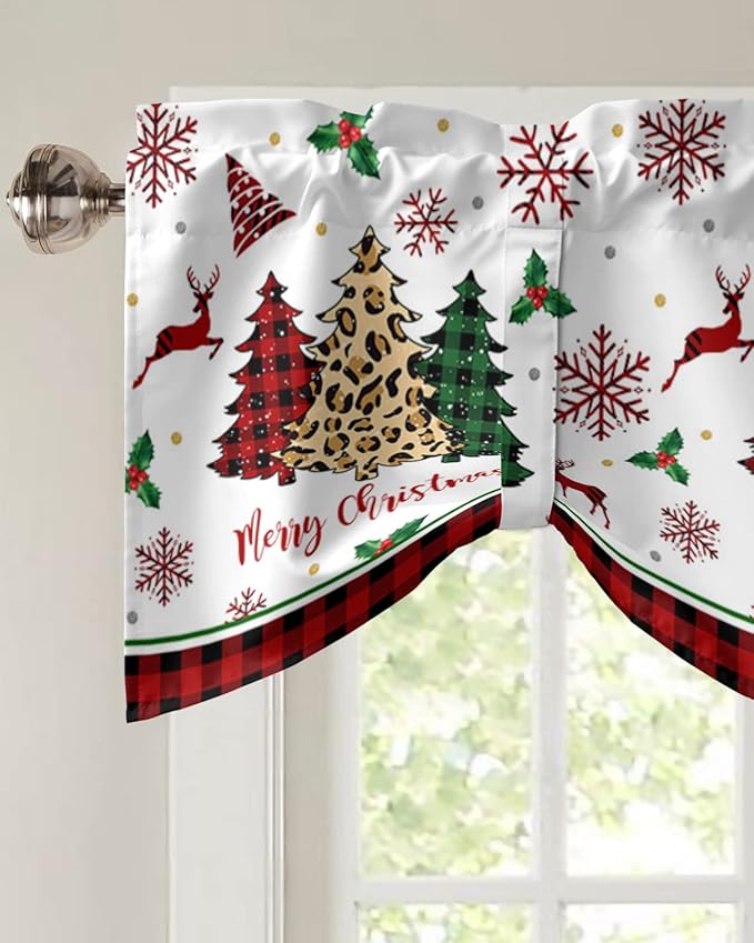 Merry Christmas Blackout Tie Up Valance Curtains for Kitchen Windows Farm Christmas Tree Buffalo Plaid Leopard Window Toppers Balloon Shades for Living Room/Bathroom/Bedroom,42" X 12" Holiday Decor