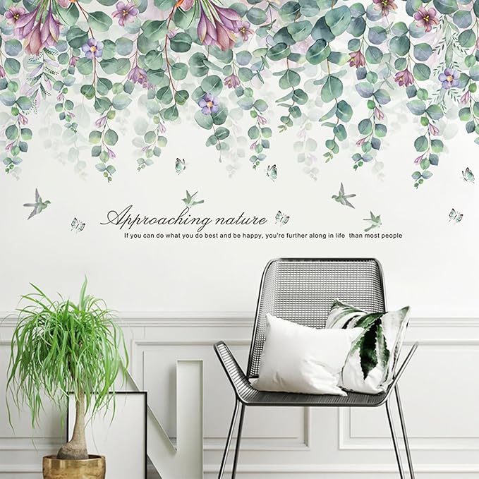 Green Plants Leaves Wall Decals Peel and Stick Large Hanging Vines Wall Stickers Bedroom Living Room Sofa TV Background Wall Decor