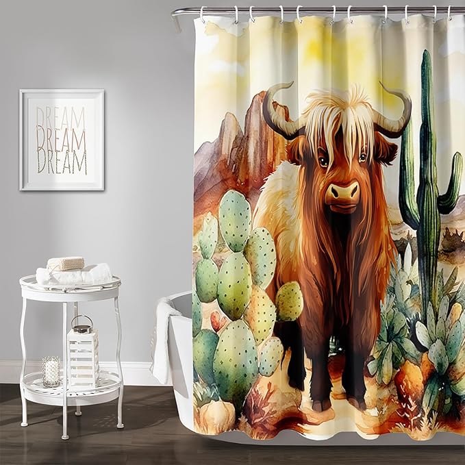 AILONEN Yak Shower Curtain Set, Desert Cactus Yak Polyester Waterproof Shower Curtain,Watercolour Sunset Warm Yellow Cloth Bath Curtain Set with Plastic Hooks,48" Wx72 H