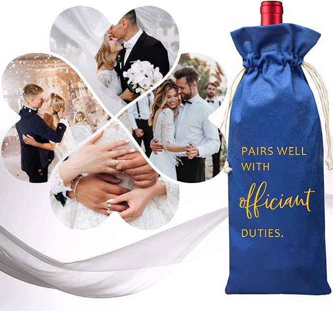 Wedding Officiant Wine Bag,Officiant Wine Bag,Pairs Well With Wedding Officiant Duties,Officiant Gift,Officiant Wedding Gift, Burlap Drawstring Wine Bag (Officiant-Blue)