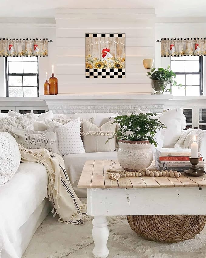 Farmhouse Kitchen Curtains Valances for Windows Sunflower Vintage Farm Chicken Rod Pocket Window Treatment for Kitchen/Living Room/Bedroom/Bathroom,42" X 12" -1 Panel, Black White Plaid
