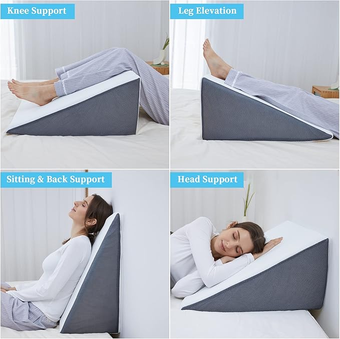 Bed Wedge Pillow for Sleeping, 12" 24" 24" Triangle Cooling Memory Foam Top, Elevated Support Wedge Pillow - Removable Washable Cover