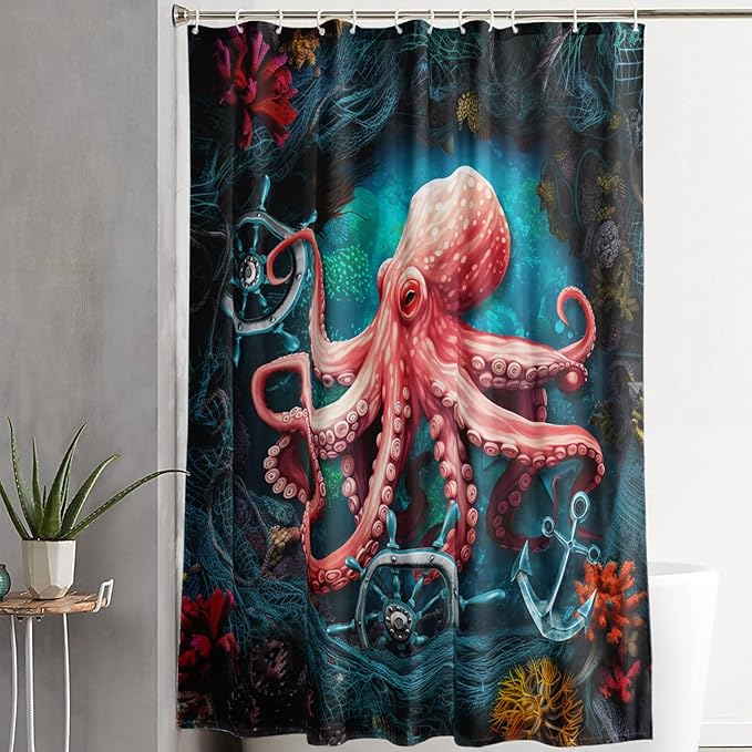 AILONEN Cartoon Red Octopus Shower Curtain for Bathroom,Octopus Tentacles Bath Curtain for Kids,Boys,Girls,Anchor Ocean Animal Theme Waterproof Fabric Shower Curtain Set with Hooks,72" W*78" H