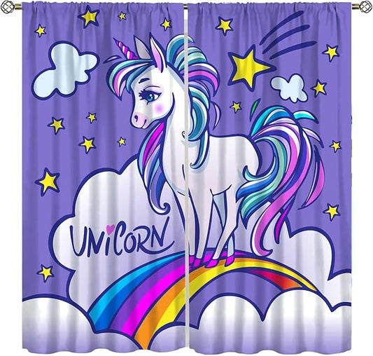 Kids Unicorn Curtains Purple Cartoon Rainbow Cartoon Room Blackout Curtains Boys Girls Baby Room Decor Curtains Living Room Decor 72x63 Inch 2 Panels