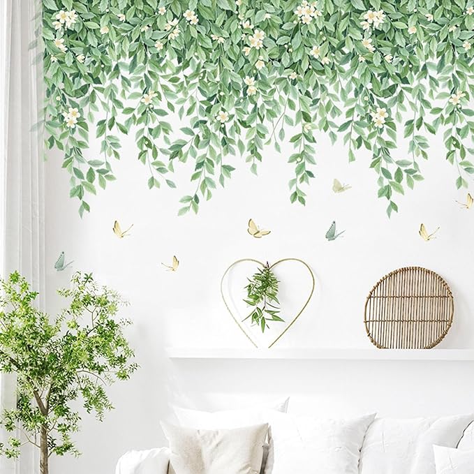 Green Plant Wall Stickers Hanging Vines Wall Decals Leaves Flower Wall Stickers Bedroom Living Room Sofa TV Background Wall Decor