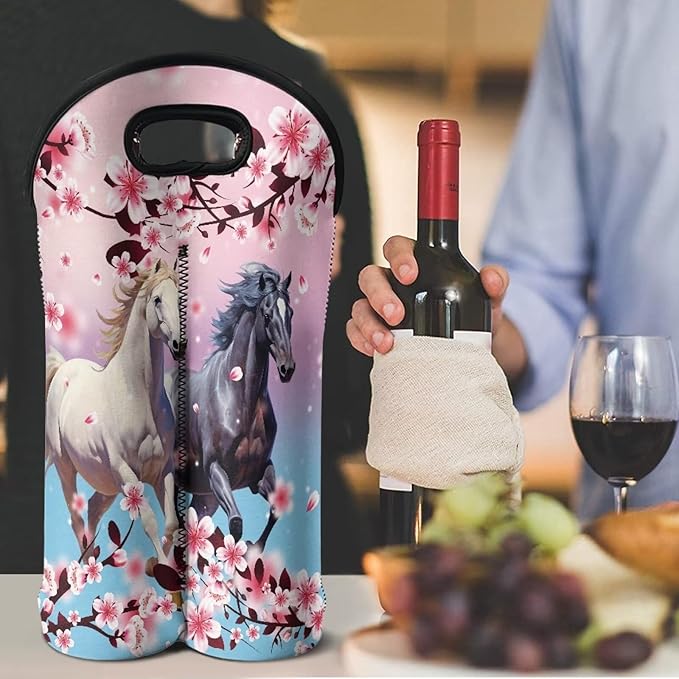 doginthehole Horse Print Wine Tote Neoprene Wine Carrier Bag with Handle Cherry Blossom Wine Bottle Holder Champagne Beer Bottle Sleeve Protective Travel Bag for Birthday, Wedding, Picnic Party