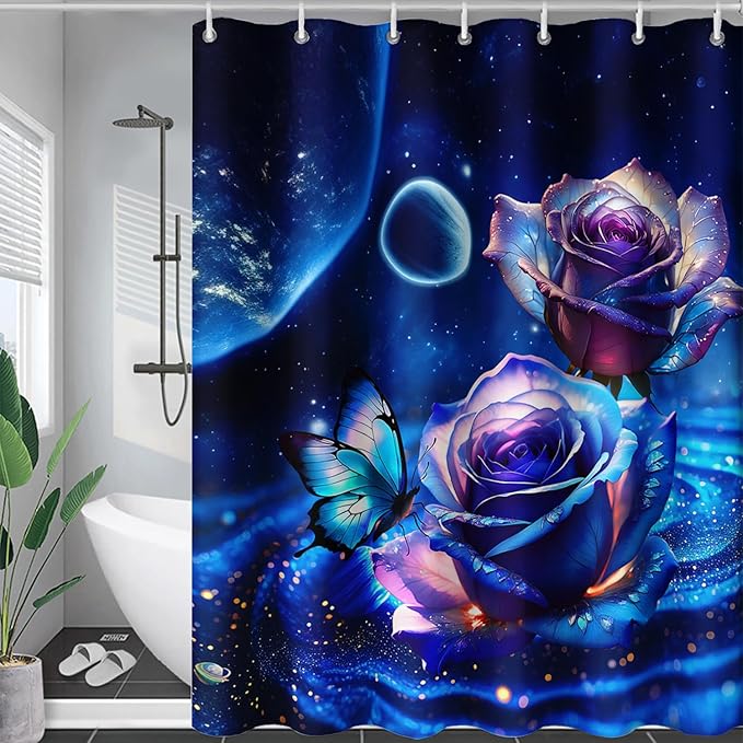 AILONEN Blue Rose Shower Curtain,Romantic Flower Bath Curtain for Girls Women,Blue Galaxy Starry Rose Floral Curtain for Bathroom Decor 72" W*96" H,Waterproof with 12 Plastic Hooks