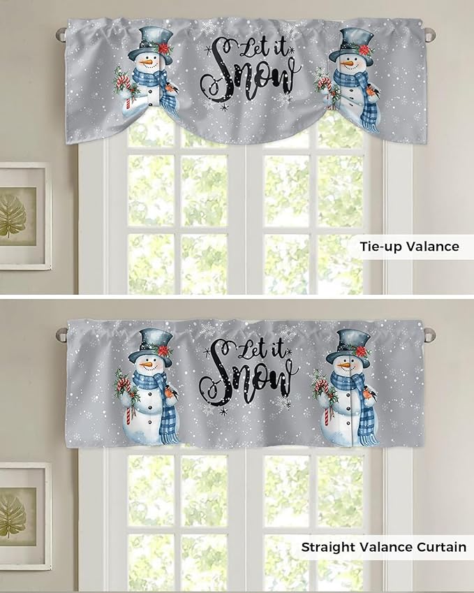 Snowman Christmas Blackout Tie Up Valance Curtains for Kitchen Windows Let It Snow Winter Holiday Window Toppers Balloon Shades for Living Room/Bathroom/Bedroom,1 Panel, 54" X 18", Grey White
