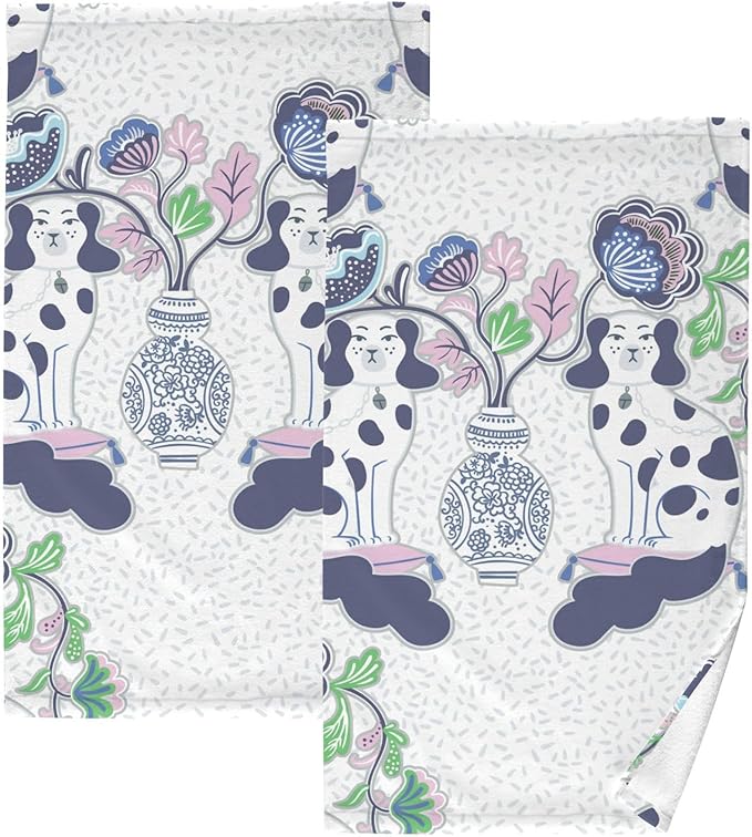 Staffordshire Dogs Chinoiserie Style Bath Hand Towel Soft Cotton Highly Absorbent Fingertip Towels for Bathroom Beach Kitchen Sports Gym Yoga Travel (2-Pieces Towel Sets, 28x16 inch)