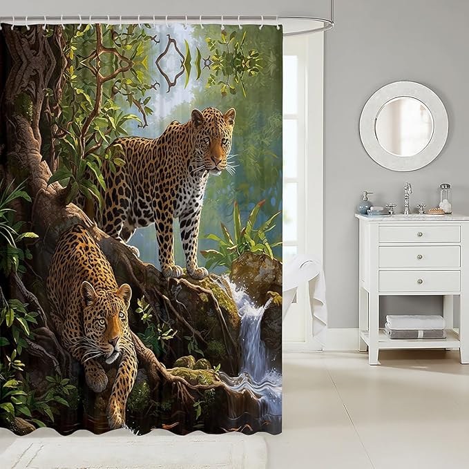 Feelyou Leopard Bath Curtain Kids Leopard Shower Curtain Wild Leopard Bathroom Shower Curtain Set Kids Toddler Yellow Leopard Kids Bathroom Accessories Mountain Leopard 72"x84"