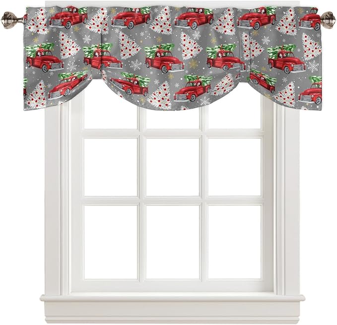 Red Truck Christmas Blackout Tie Up Valance Curtains for Kitchen Windows Merry Christmas Tree Window Toppers Balloon Shades for Living Room/Bathroom/Bedroom,1 Panel, 54" X 18", Winter Snowflake Grey