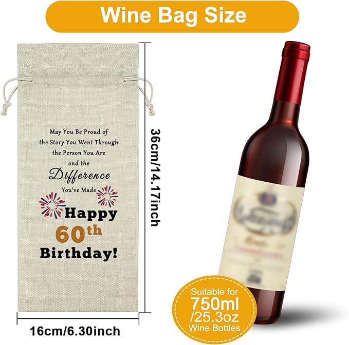 Sazuwu Happy 60th Birthday Gifts for Mom Dad Wine Bag Gifts for Women Turning 60 Years Old Inspirational Birthday Quotes Wine Accessories Gifts for Wine Lovers Turning 60 Gifts Born in 1964 Gifts