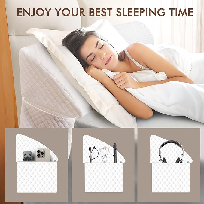 Wedge Pillow Headboard, Pillow Wedge for Headboard Gap with 2 Side Large Pocket, Bed Gap Filler (0-8"), Headboard Wedge Pillow Queen Size(White, 60"x10"x6")