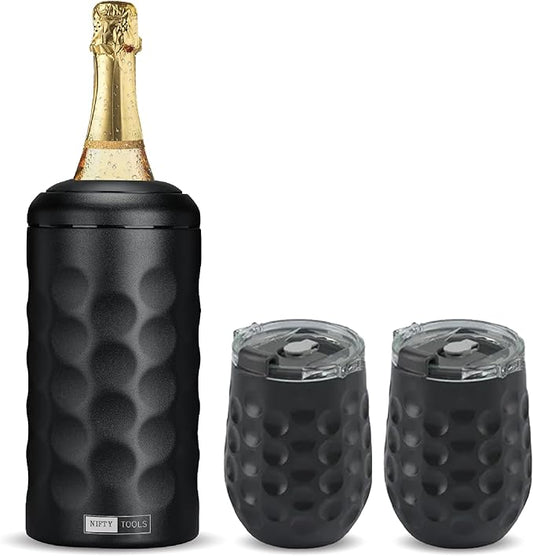 Portable Double Wall Insulated Vacuum Stainless Steel Wine Champagne Bottle Chiller gift set w/two tumblers (Black)