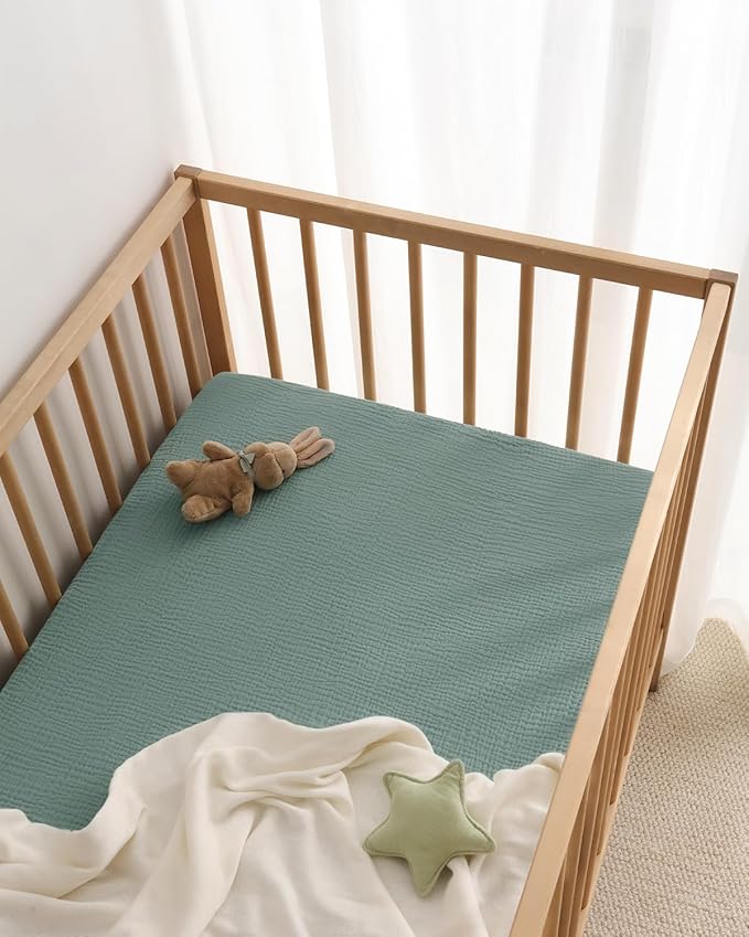 Blissful Diary Muslin Crib Sheets for Girl Boy, Boho Neutral Soft Cotton Baby Sheet for 52''x28'' Standard Crib Mattress, 1 Pack(Roman Green)