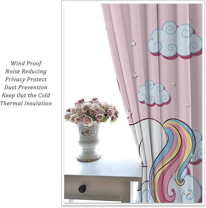 Unicorn Curtain for Kids Bedroom,Pink Cartoon Rainbow Darkening Curtains Decor Sliding Curtains Decorative Curtains for Girls Boys Baby Room,Living Room Decoration 72x63inch