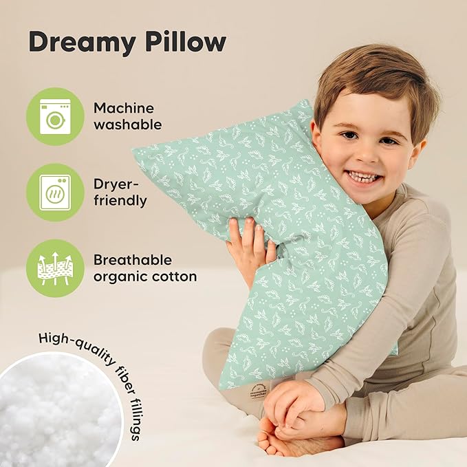 2-Pack Toddler Pillow - Soft Organic Cotton Toddler Pillows for Sleeping - 13X18 Small Pillow for Kids - Kids Pillows for Sleeping - Kids Pillow for Travel, School, Nap, Age 2 to 5 (DinoLand)