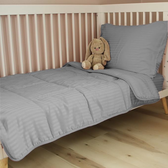 Toddler Bedding Set - 4 Piece Soft Crib Bedding Set for Boys, Includes Toddler Comforter, Flat Sheet, Fitted Sheet and Pillowcase, Grey Stripe