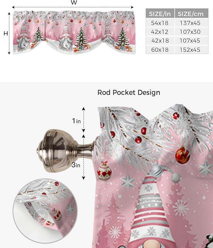 Christmas Gnome Blackout Tie Up Valance Curtains for Kitchen Windows Winter Merry Christmas Tree Balls Window Toppers Balloon Shades for Living Room/Bathroom/Bedroom,1 Panel, 42" X 18", Pink