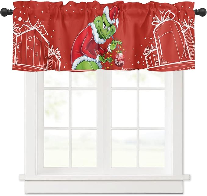 Grin-ch Window Valance for Kitchen Living Room Merry Grinchmas Window Curtain for Bedroom Christmas Window Valance Rod Pocket Window Treatment Christmas Window Decorations, 54" W x 18" L