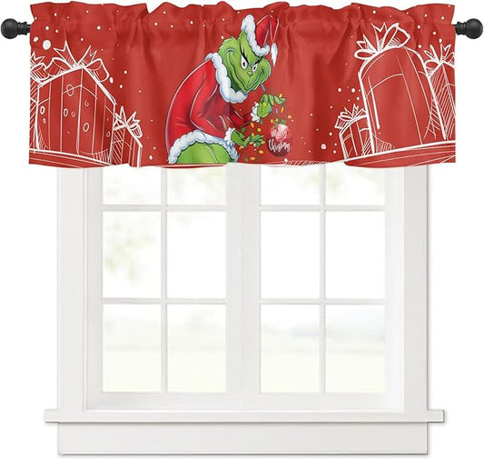 Grin-ch Window Valance for Kitchen Living Room Merry Grinchmas Window Curtain for Bedroom Christmas Window Valance Rod Pocket Window Treatment Christmas Window Decorations, 54" W x 18" L