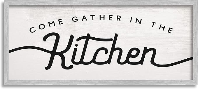 Stupell Industries Come Gather in The Kitchen Sign Family Charm, Designed by Daphne Polselli Gray Framed Wall Art, 10 x 24, Off- White