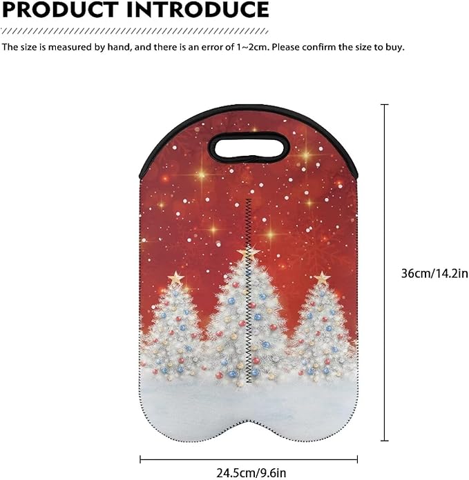 doginthehole 2 Bottle Wine Carrier Neoprene Wine Bottle Tote Red Silvery Xmas Tree Print Bottle Holder for Travel Picnic Portable Wine Champagne Bottles Bag for Christmas Party