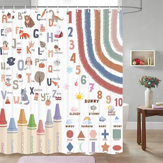Kids Alphabet Shower Curtain, Funny Cartoon Animal ABC Learning Bath Curtain 47 x 72 Inch, Educational Boys Girls Children Bathroom Curatin Decoration Waterproof with Hooks Washable