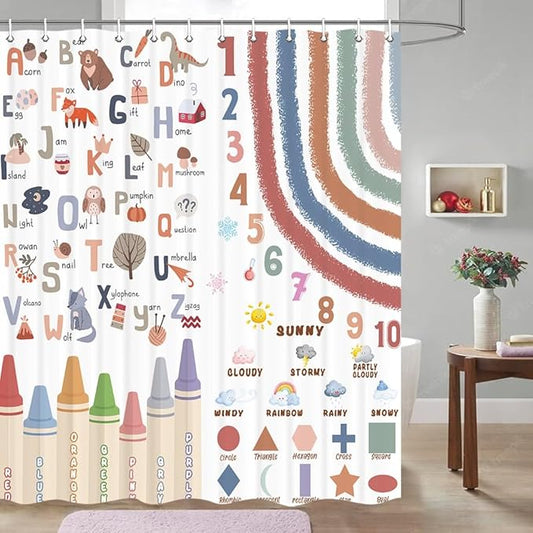 Kids Alphabet Shower Curtain, Funny Cartoon Animal ABC Learning Bath Curtain 47 x 72 Inch, Educational Boys Girls Children Bathroom Curatin Decoration Waterproof with Hooks Washable