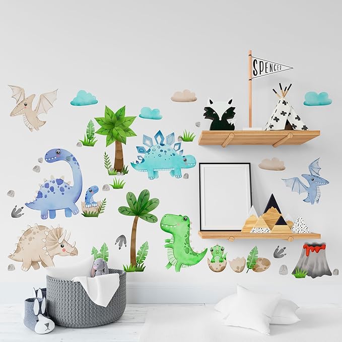 Dinosaur Wall Decals by Lipastick - Watercolour Dinosaur Kids Wall Stickers - Dinosaur Footprints Silhouettes Decals for Walls – Peel and Stick Decal for Kids Bedroom Nursery S Size