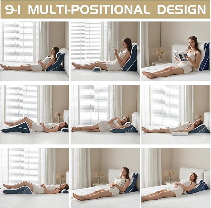 Qirroboni 3PCS Orthopedic Bed Wedge Pillow Set, Adjustable Pillows for Neck, Back and Leg Pain Relief Comfortable & Post Surgery Foam - Heartburn, Anti Snoring, Acid Reflux & GERD Sleeping Indigo