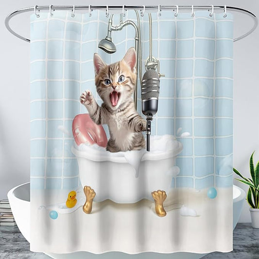 AILONEN Cute Shower Cat Shower Curtain for Kids Boys,Funny Singing Cat Waterproof Fabric Shower Curtain for Bathroom,Cartoon Bathing Kitten Animal Shower Curtain Set with Hooks,36" W*72" H
