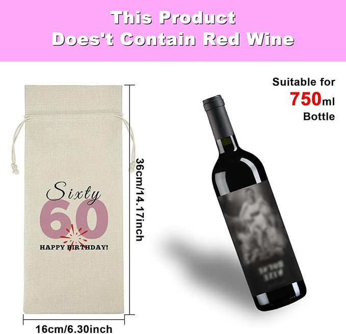 60th Birthday Gift Wine Bag Happy 60th Birthday Gift for Men Women 60 Year Old Birthday Party Decors Turning 60 Gift for Grandma Grandpa Happy Sixty Birthday Burlap Wine Gift Bag Retirement Gift