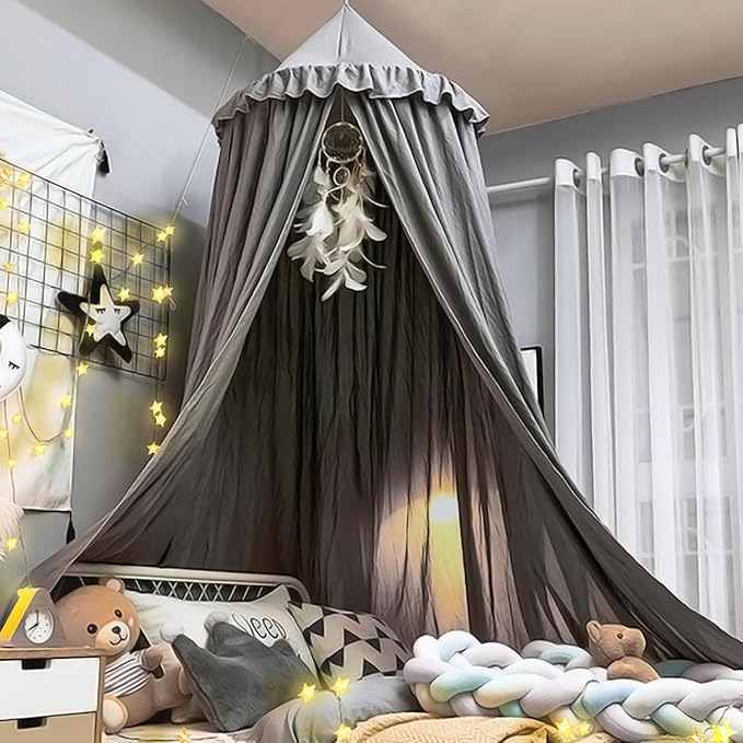 Upgrade Version of Canopy for Kids Bed, Extra Large Canopy for Girls Room Decoration Princess Castle Play Tent Hanging House, Dreamy Canopy for Children Room Reading Nook Canopies (Gray Ruffle)
