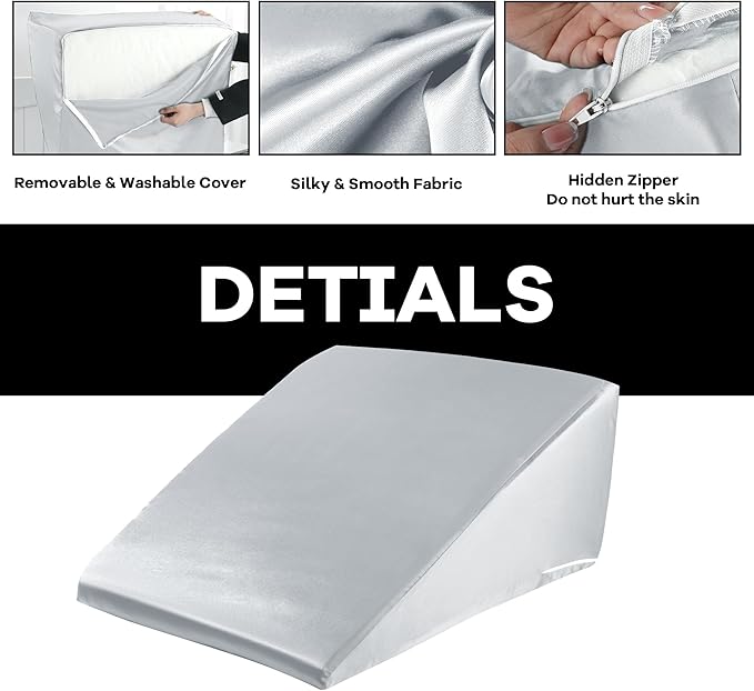 HOMBYS Satin Bed Wedge Pillow Cover Silky & Smooth Wedge Pillowcase 1 Pack 24x24x12, Soft & Breathable, Removable & Machine Washable-Zipper Design (Pillow Not Include), Light Grey