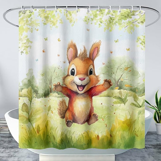 AILONEN Cartoon Cute Squirrel Shower Curtain,Kawaii Squirrel Bathroom Curtains for Kids,Girls,Tie Dye Tree Shower Curtains Set with Hooks for Bathroom,36" W*72" H