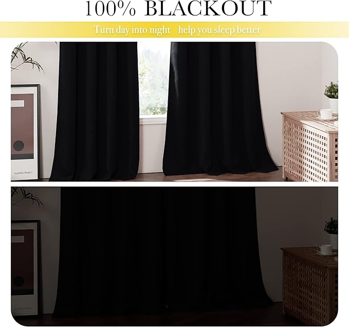 NICETOWN Complete 100% Blackout Curtain Set, Thermal Insulated & Energy Efficiency Window Draperies with Same Color Liner, Noise Reducing Short Curtains for Kids Room (Black, 42"W by 63"L, 2 Panels)