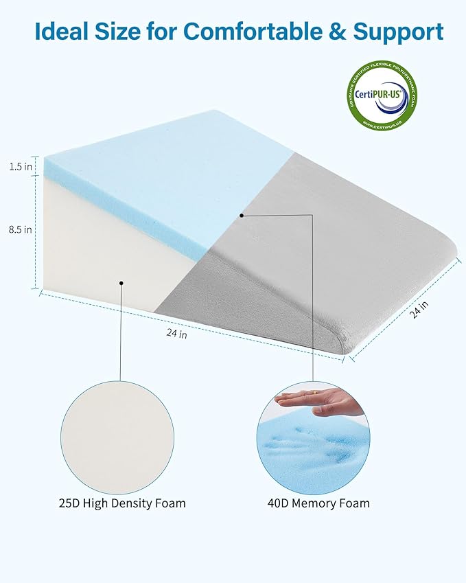 Wedge Pillow for Sleeping, 10 Inch Bed Wedge Pillow for After Surgery with Memory Foam Top, Triangle Pillow for Acid Reflux, Sleep Apnea, Heartburn, Back Pain Relief - Removable Cover Included