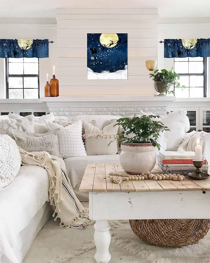 Christmas Kitchen Curtains Valances for Windows Santa Claus Reindeer Rod Pocket Window Treatment for Kitchen/Living Room/Bedroom/Bathroom,42" X 18" -1 Panel, Blue Snowy Night