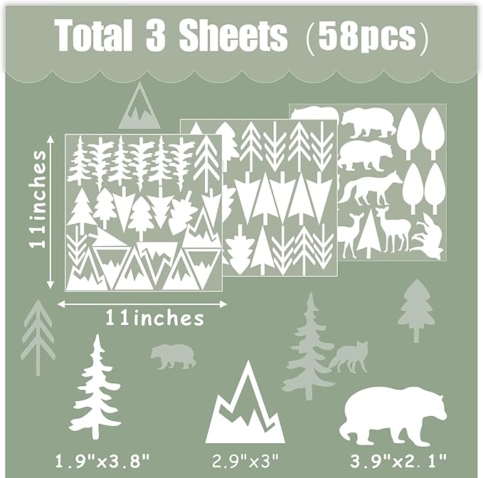 Woodland Animal Wall Decals Vinyl Pine Tree Wall Stickers Forest Animal Wall Stickers Mountain Small Tree Animals Deer Bear Wolf Woodland Wall Decals for Nursery Bedroom Kids Room Decor