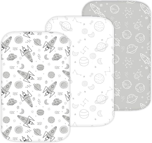 Bassinet Sheets for Maxi-Cosi Iora, Papablic 2 in 1 Bonni, Cowiewie Baby Bassinet Bedside Sleeper, 3 Pack, 33x20 Inch, Ultra Soft, Breathable Snug Fit, Unisex Boys Girls, Gray White (Space Rockets)