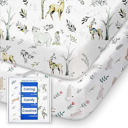 Pack N Play Sheets Fitted, TotBasic Ultra Soft Woodland Mini Crib Sheets, Premium Jersey Knit Pack and Play Sheets, Stretchy Neutral Play Yard Sheets for Graco Pack and Play, 2 Pack (Deer&Rabbit)