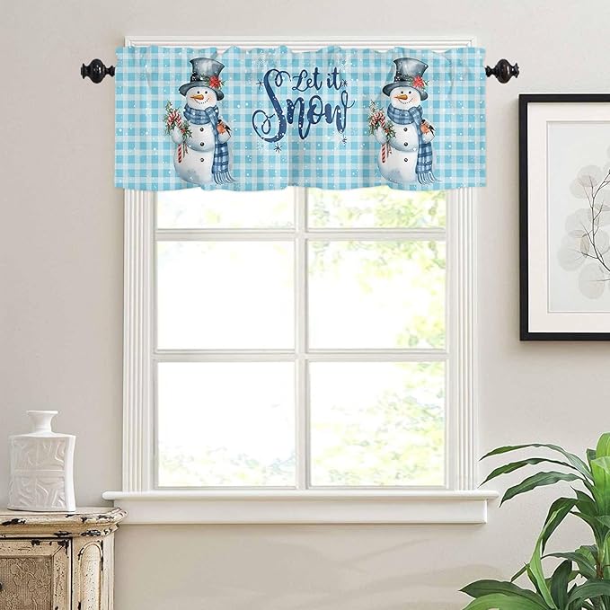 Snowman Christmas Valance Curtains for Kitchen Windows Let It Snow Winter Holiday Rod Pocket Window Treatment Toppers for Kitchen/Living Room/Bedroom/Bathroom, 54" X 18", Blue White Buffalo Plaid