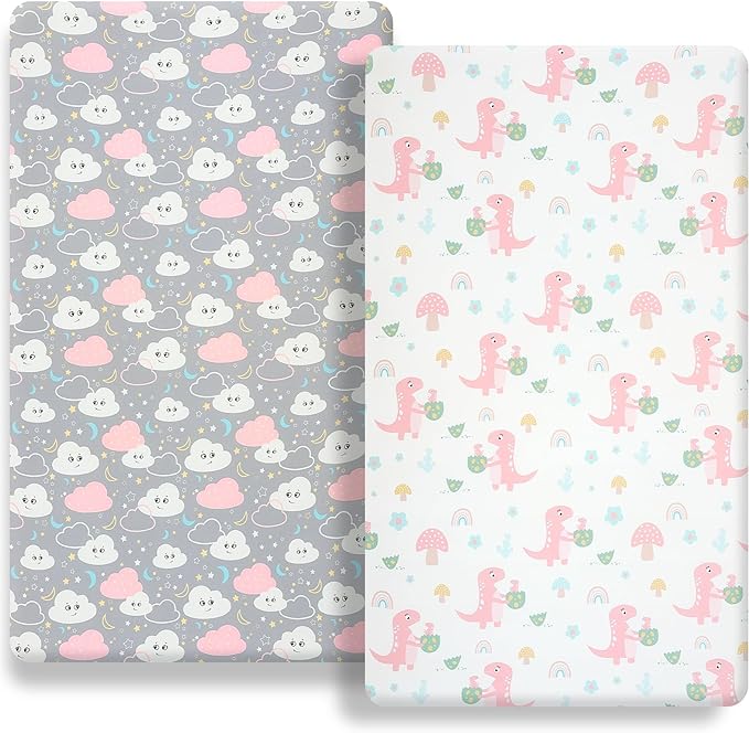 FHMJYHPack n Play Fitted Sheet. 2 Piece Mini Crib Sheet. Elastic Playard Sheet. Portable Sheet Set. Elastic Convertible Playard Set. Compatible with Graco Pack n Play. (Dinosaur Eggs and Cloud Baby)
