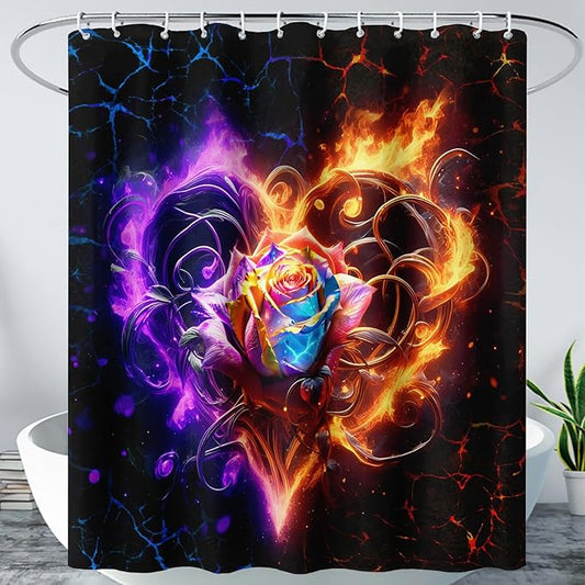 AILONEN Rose Shower Curtain for Bathroom,Purple Red Flame Fire Rose Hearts Print Bath Curtain,Modern Print Decoration Waterproof Shower Curtain with 12 Plastic Hooks, 48" W*72" H