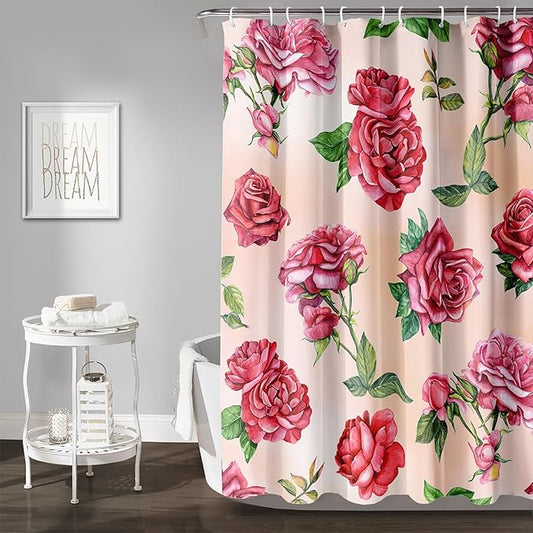 AILONEN Rose Shower Curtain, Watercolor Red Rose Theme Waterproof Shower Curtain Set,Dreamy Romantic Vintage Flower Bathroom Decors for Girls Teens Women,72" W*72" H