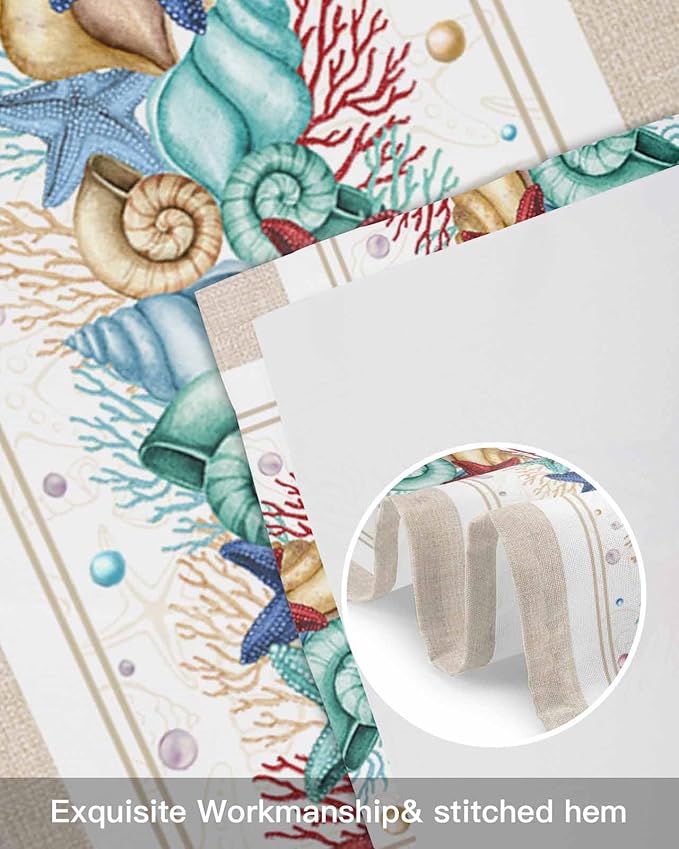 Coastal Beach Kitchen Curtains Valances for Windows Nautical Ocean Seashell Coral Starfish Rod Pocket Window Treatment for Kitchen /Living Room/Bedroom/ Bathroom, 60" X 18", Brown Aqua Summer