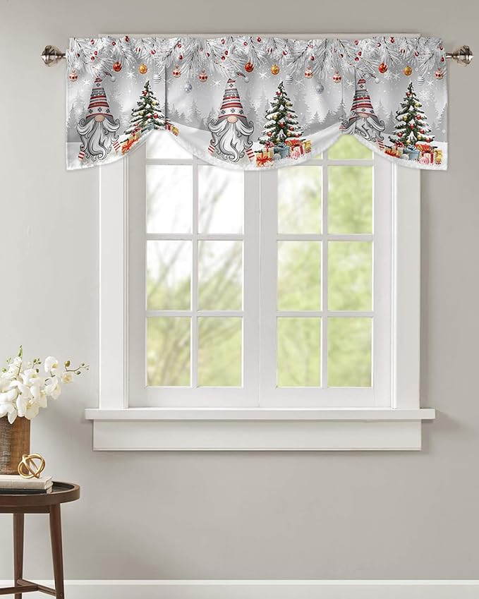 Christmas Gnome Blackout Tie Up Valance Curtains for Kitchen Windows Winter Merry Christmas Tree Balls Window Toppers Balloon Shades for Living Room/Bathroom/Bedroom,1 Panel, 60" X 18", Grey
