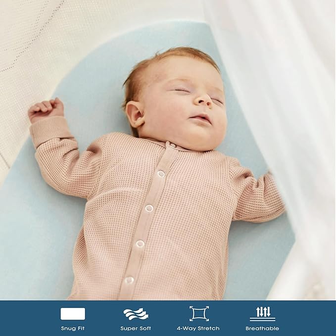 GRSSDER Stretchy Ultra Soft Fitted Bassinet Sheet 3 Pack, Universal Fit for Bassinets Baby Cradle Moses Basket Oval Rectangle Mattress Safe and Snug, Jersey Bassinet Sheets for Girls, White/Blue